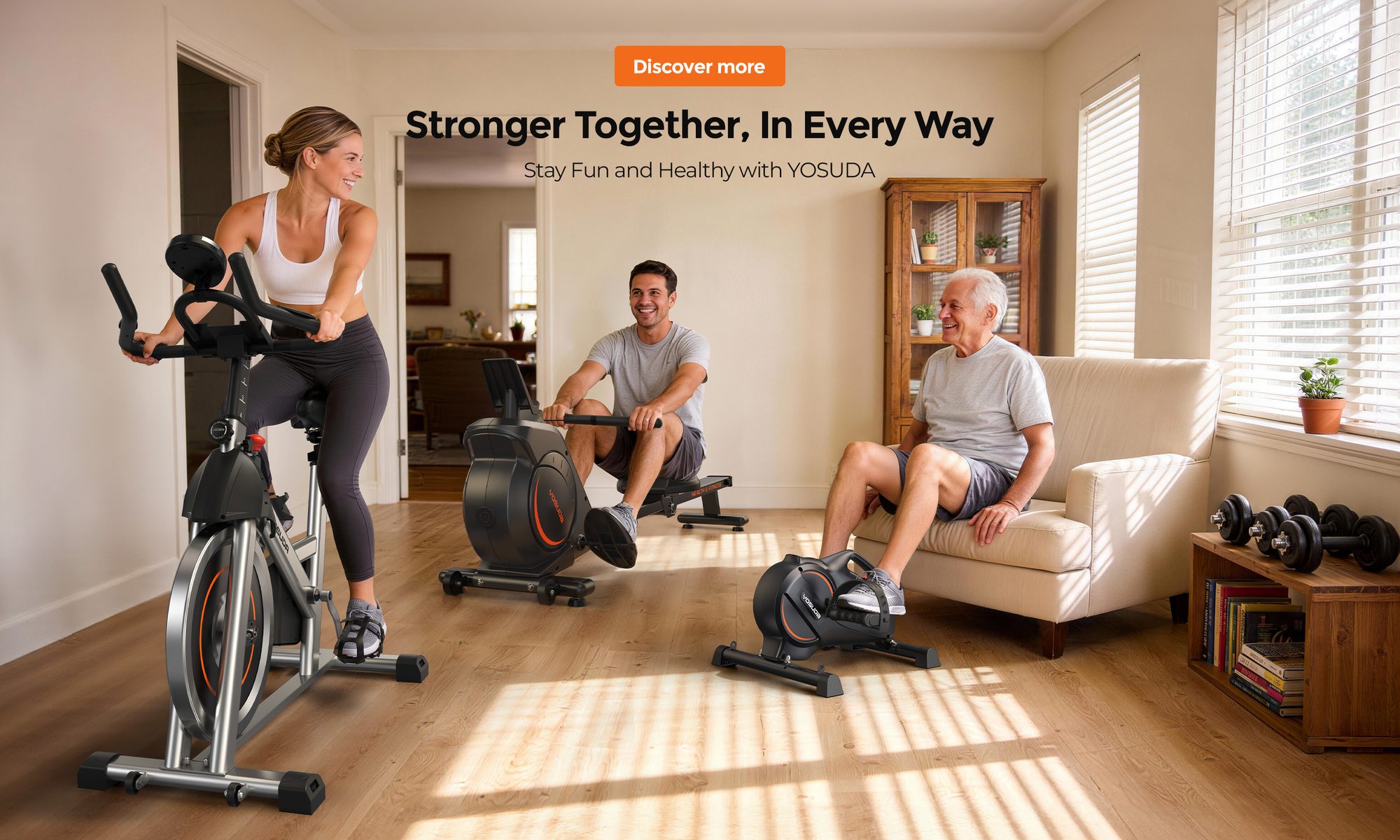Stronger together, in every way. A family working out on YOSUDA machines