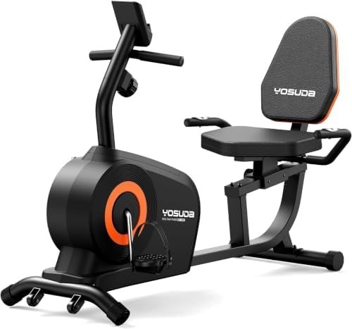YOSUDA compact recumbent exercise bike in black and orange